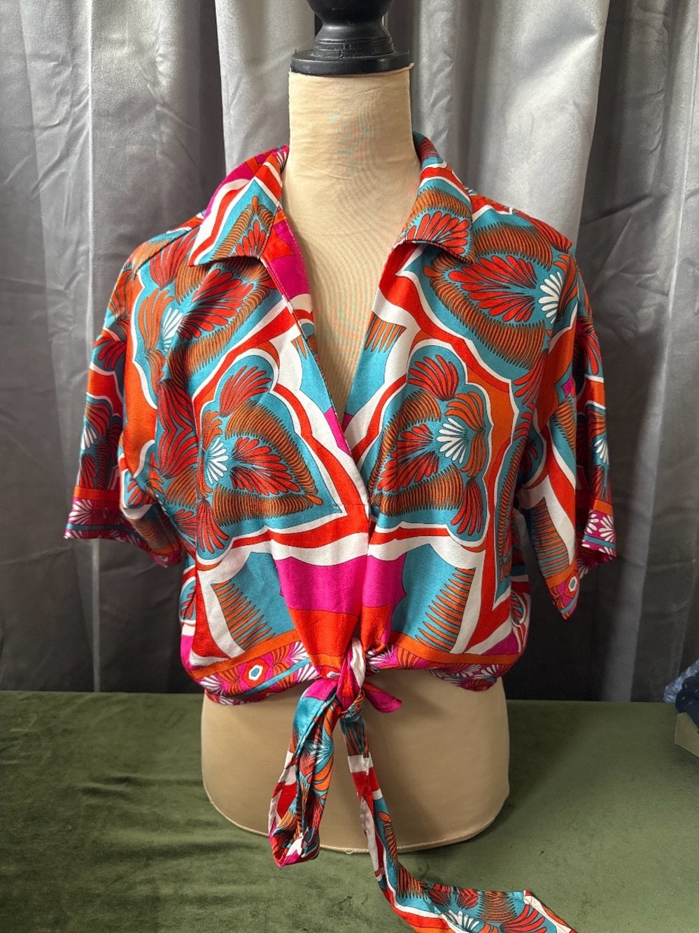 Peach Tie-Front Printed Women’s Blouse in Orange, Teal & Pink